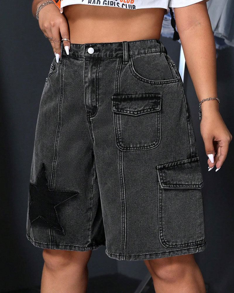 Vibecurve® Grunge Punk Unisex Punk Street Style Star Design 3D Pocket Distressed Washed Denim Bermuda Shorts