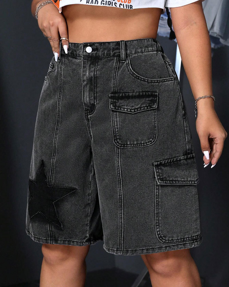 Vibecurve® Grunge Punk Unisex Punk Street Style Star Design 3D Pocket Distressed Washed Denim Bermuda Shorts