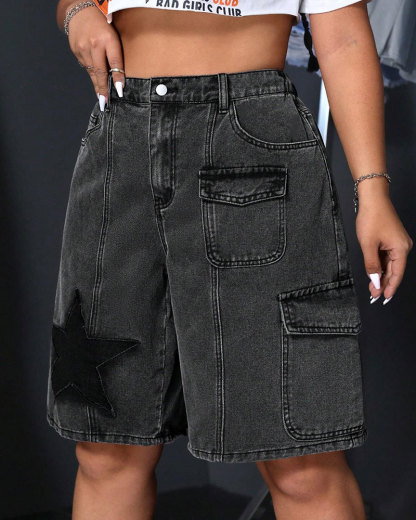 Vibecurve® Grunge Punk Unisex Punk Street Style Star Design 3D Pocket Distressed Washed Denim Bermuda Shorts