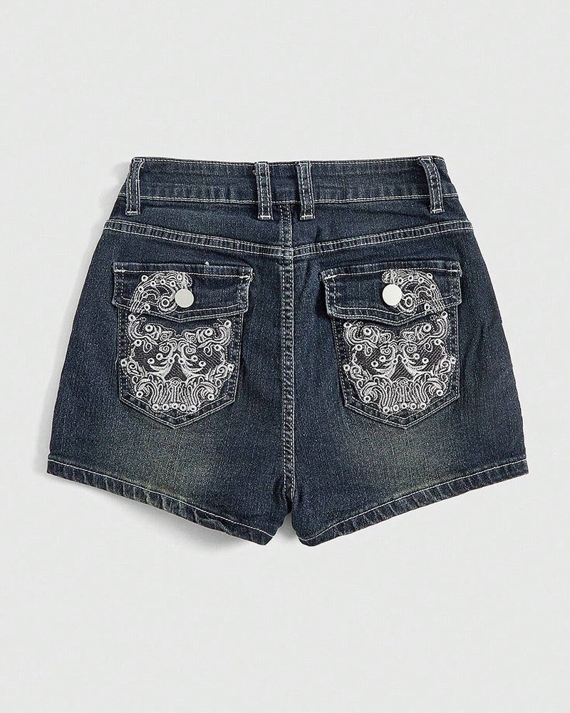 Vibecurve® Grunge Punk Gyaru Punk Style Skull Embroidery Tight & Sexy Super Short Denim Shorts