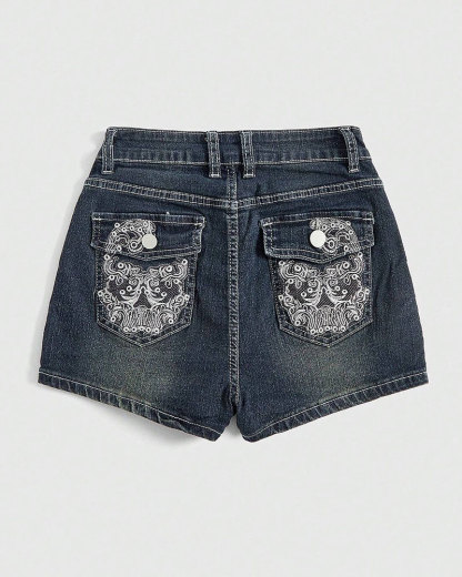 Vibecurve® Grunge Punk Gyaru Punk Style Skull Embroidery Tight & Sexy Super Short Denim Shorts