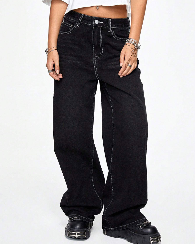 Vibecurve® Grunge Punk Women's Halloween Cross & Vine Wing Print Wide Leg Boy Friend Jeans