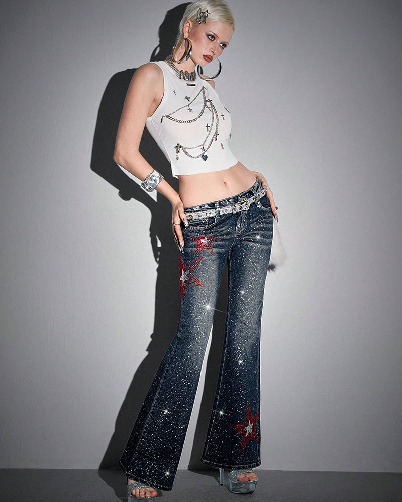 Vibecurve® Avant Y2K Sexy Low-Waist Skinny Star Foil Detail Flared Women Jeans