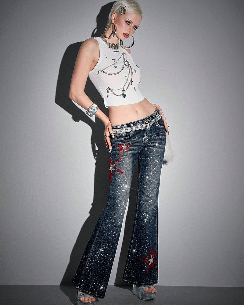 Vibecurve® Avant Y2K Sexy Low-Waist Skinny Star Foil Detail Flared Women Jeans