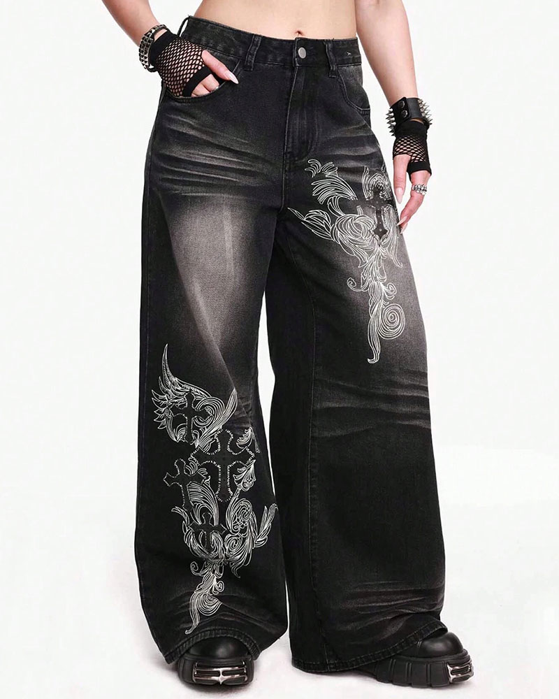 Vibecurve® Grunge Punk Women's Loose Fit Cross Patterned Pocket Flared Casual Jeans