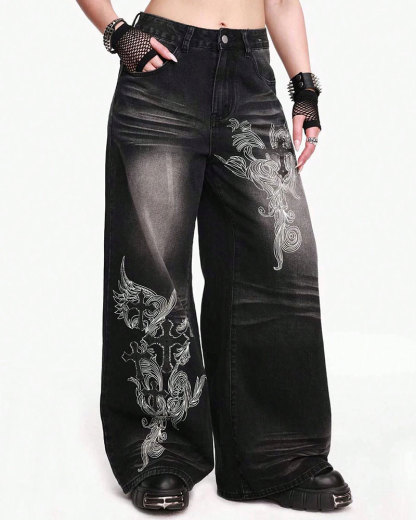 Vibecurve® Grunge Punk Women's Loose Fit Cross Patterned Pocket Flared Casual Jeans