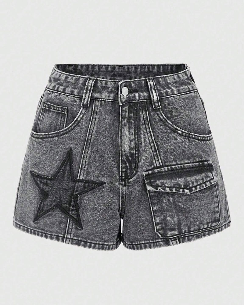 Vibecurve® Grunge Punk Free Punk Style Black Star Patch Embroidered Gray Cargo Pocket Women Denim Shorts
