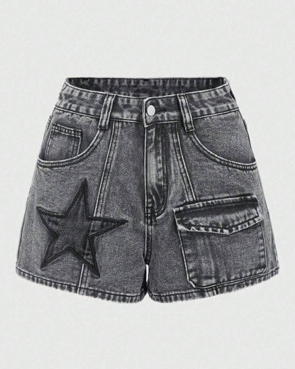 Vibecurve® Grunge Punk Free Punk Style Black Star Patch Embroidered Gray Cargo Pocket Women Denim Shorts