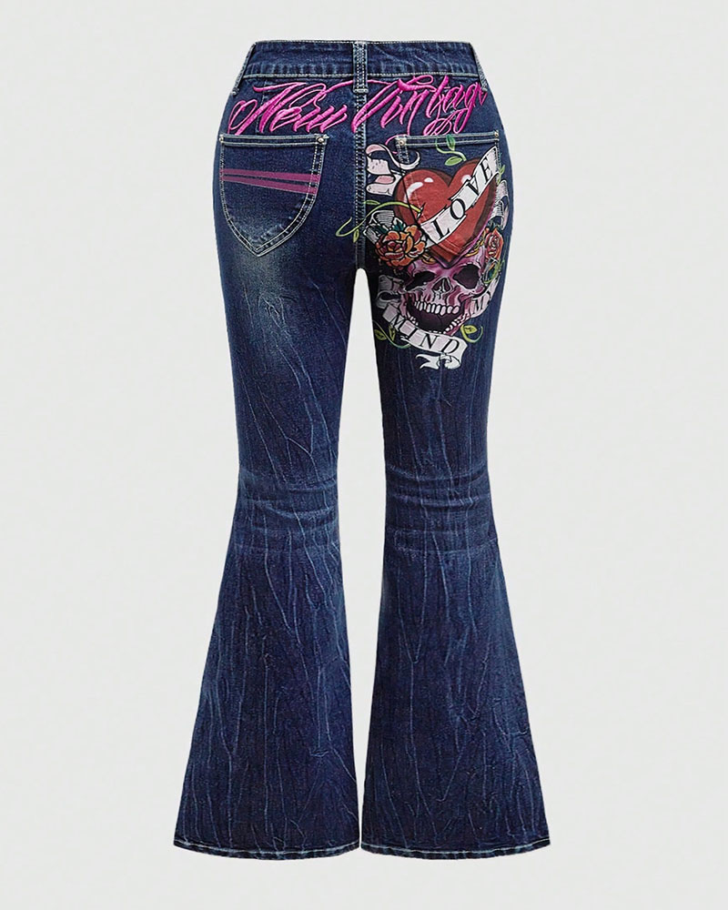 Vibecurve® Goth Y2K Vintage Tattoo Skull, Rose, Heart Patchwork Embroidered Jeans