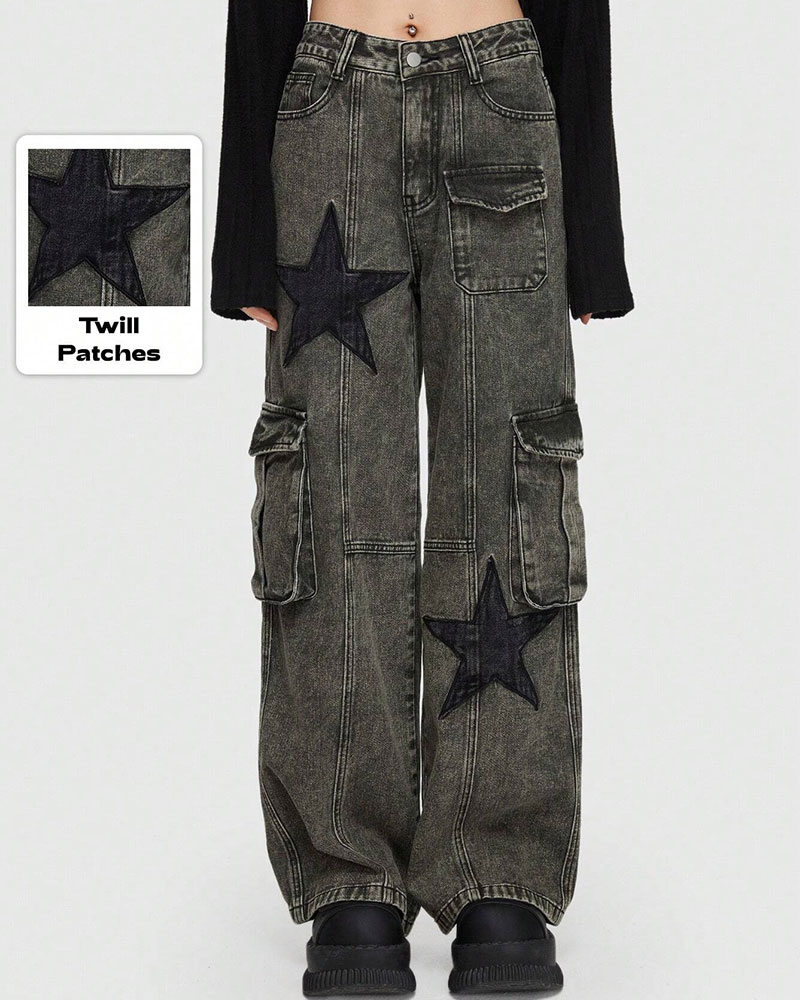 Vibecurve® Grunge Punk Star Print Flap Pocket Cargo Jeans