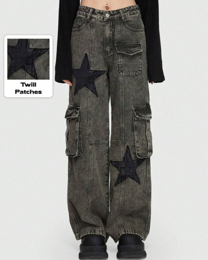 Vibecurve® Grunge Punk Star Print Flap Pocket Cargo Jeans