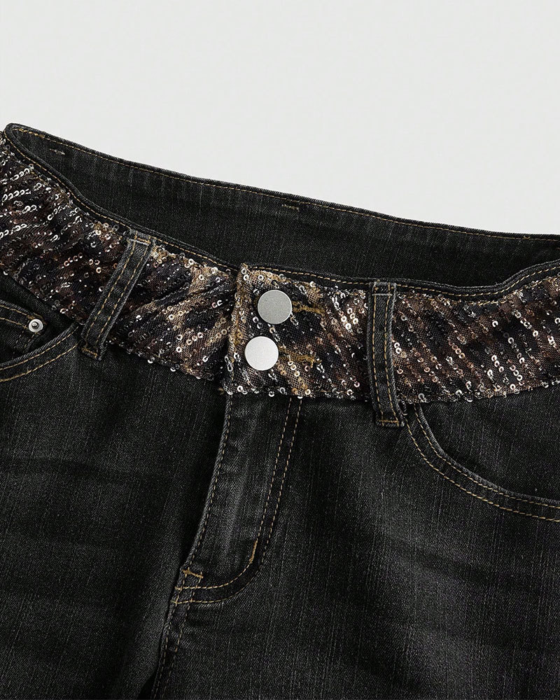 Vibecurve® Grunge Punk Y2K Retro Sexy Leopard Sequin Wing Rhinestone Decor Tight Fit Women Flare Jeans