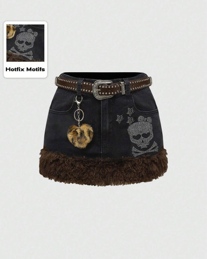 Vibecurve® J-Fashion Women's Y2K Leopard Print Rhinestone Skull Decor Denim Mini Skirt