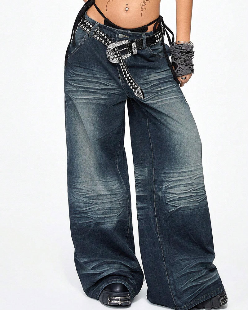 Vibecurve® Grunge Punk Women's Oversized Fit Back Pocket Embroidered Boy Friend Jeans