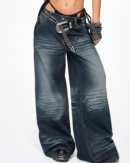 Vibecurve® Grunge Punk Women's Oversized Fit Back Pocket Embroidered Boy Friend Jeans