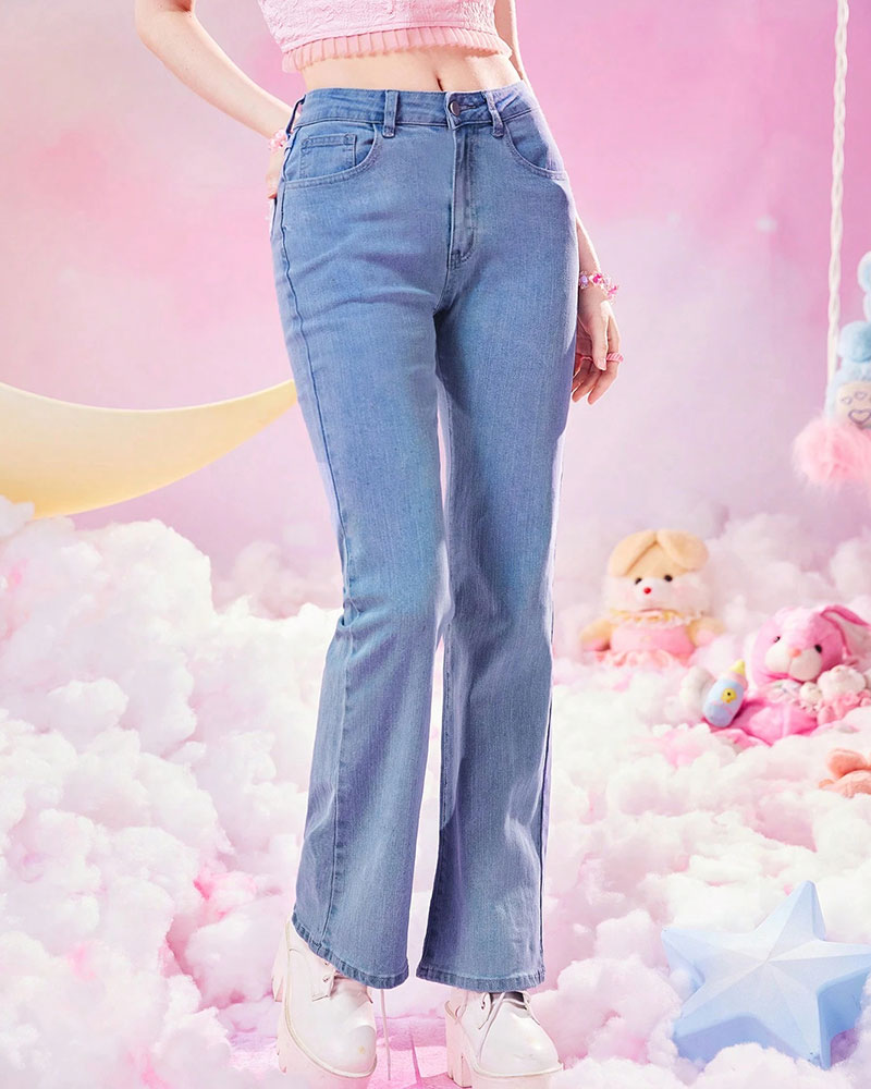 Vibecurve® Kawaii Bow Lace Trim Pocket Flare Leg Jeans