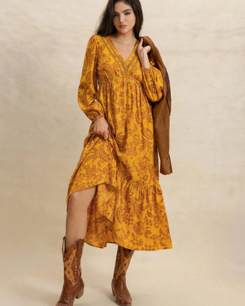 Vibecurve® Floral Print Contrast Lace Long Sleeve Ruffle Hem Dress