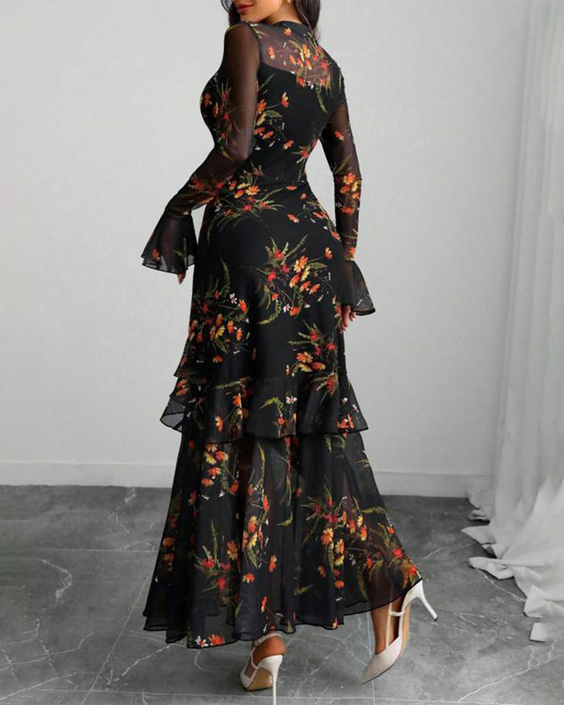 Vibecurve® Floral Print Dress, Elegant Gothic Long Sleeve Dress for Party
