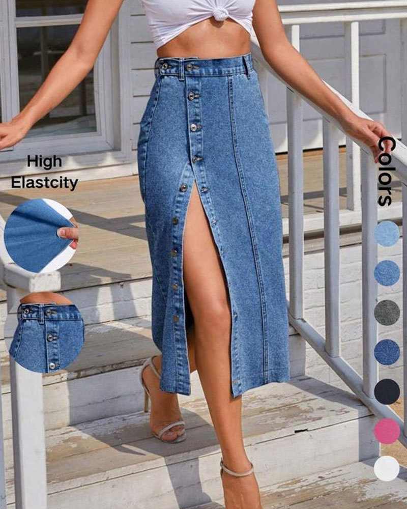 Vibecurve® Button Front Denim Skirt, Casual Fashion Skirt for Daily Wear