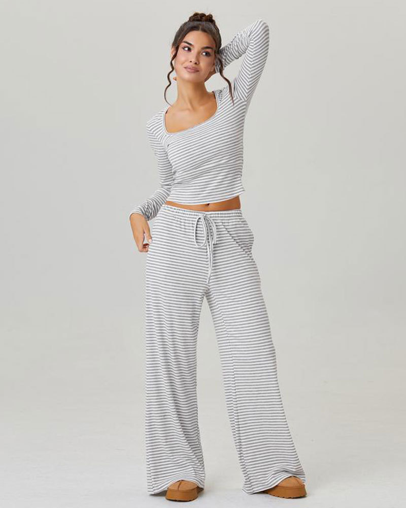 Vibecurve® Slouchy Square Neck Stripe Long Sleeve Crop Top & Low-Rise Wide Leg Trousers Co-ord