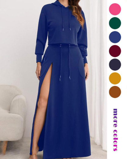 Vibecurve® Women's Solid Drawstring Hoodie & Split Thigh Skirt Set