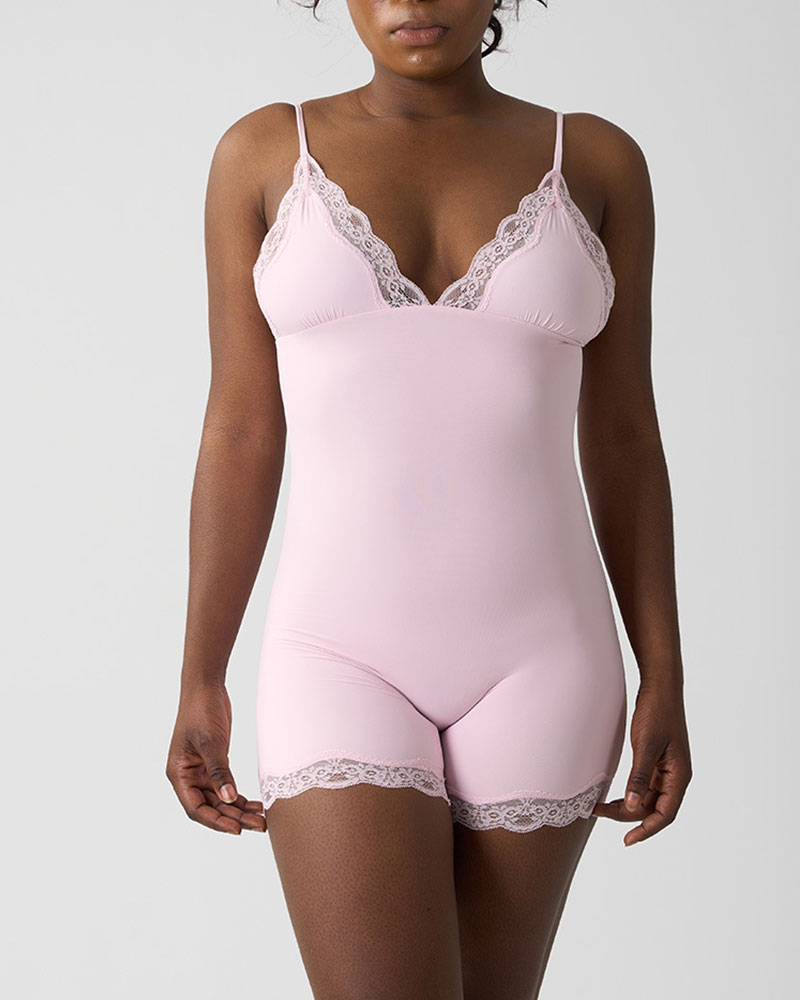 Vibecurve® Lace Trimmed Spaghetti Straps Bodysuit