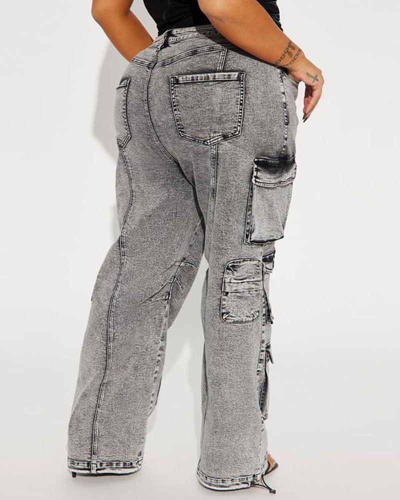 Vibecurve® High Rise Stretch Cargo Jeans - Acid Wash Grey