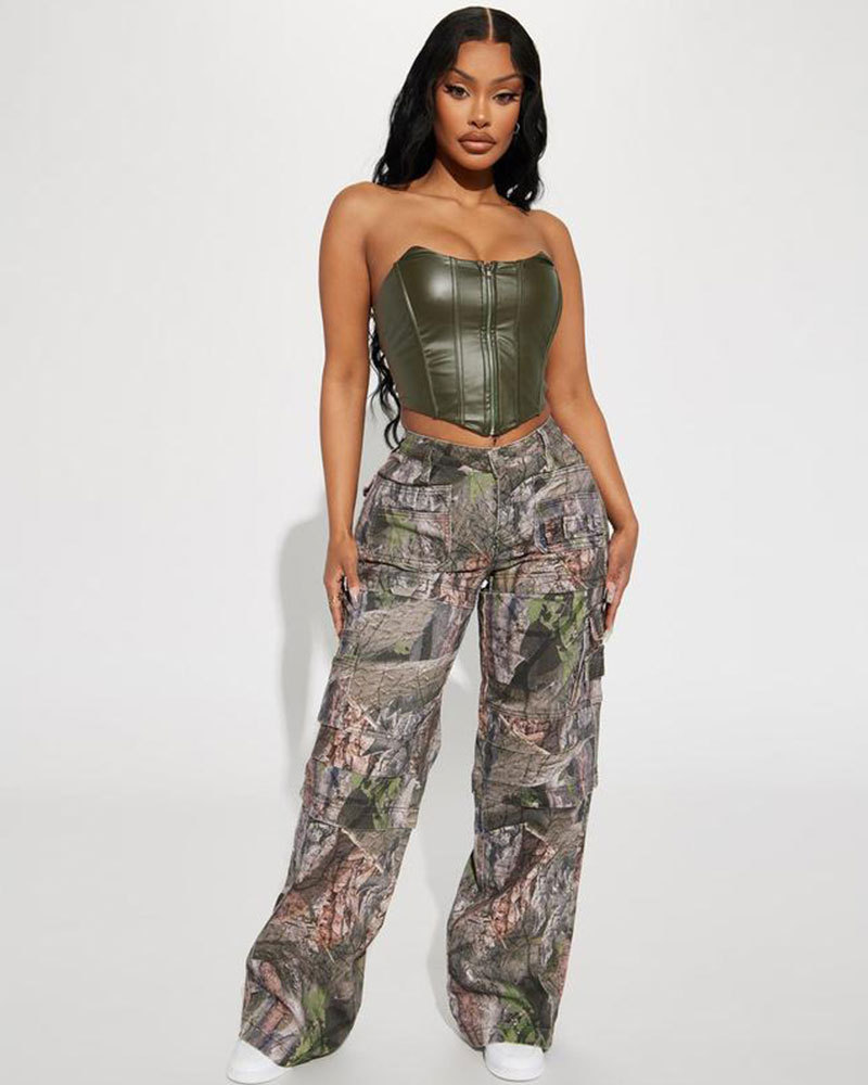 Vibecurve® Camo Stretch Cargo Jean - Olive/combo