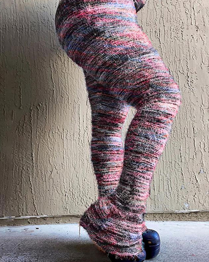Vibecurve® Women's Striped Print Flare Leg Fuzzy Sweater Pants