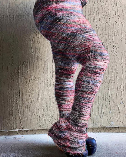 Vibecurve® Women's Striped Print Flare Leg Fuzzy Sweater Pants