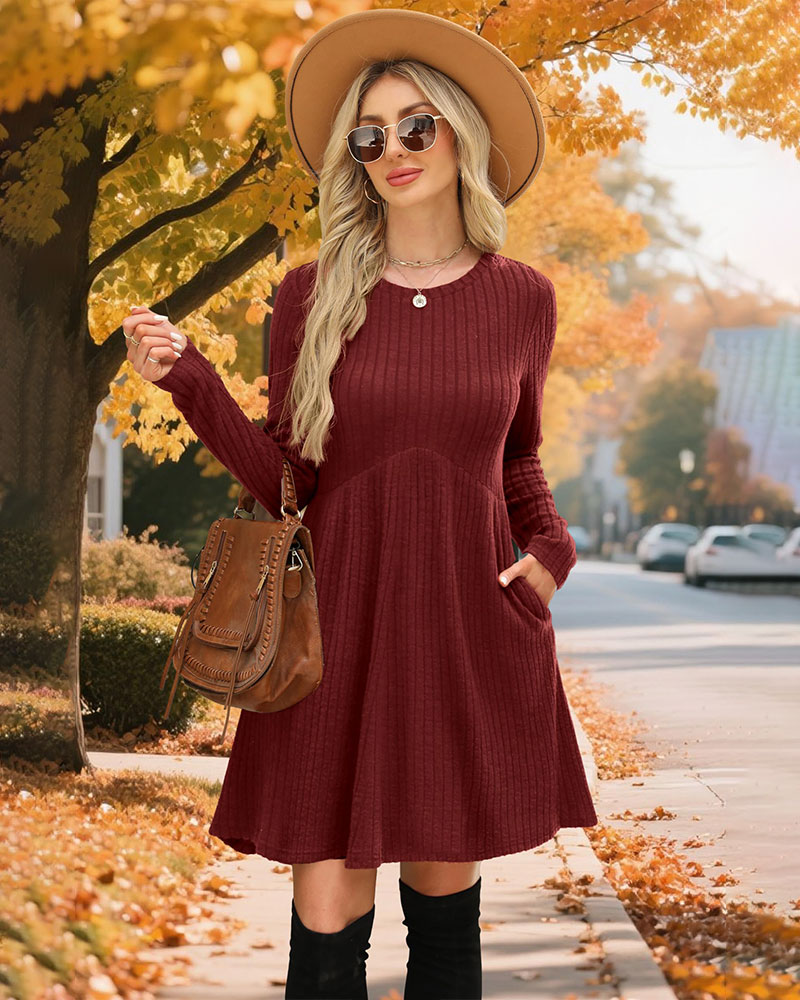 Vibecurve® Long Sleeve Dress for Women Crew Neck Empire Waist Tunic Dress with Pockets