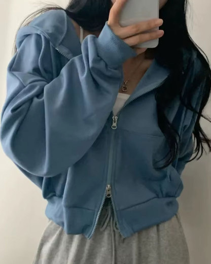 Vibecurve® Versatile Hooded Double Zipper Design Loose Casual Long Sve ort Sweatirt