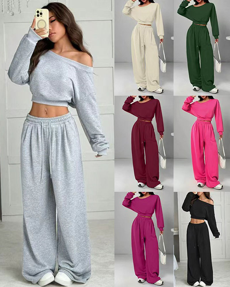 Vibecurve® Leisure Solid Color Sloping Shoulder Long Sleeve Top & Wide Leg Trousers Co-ord