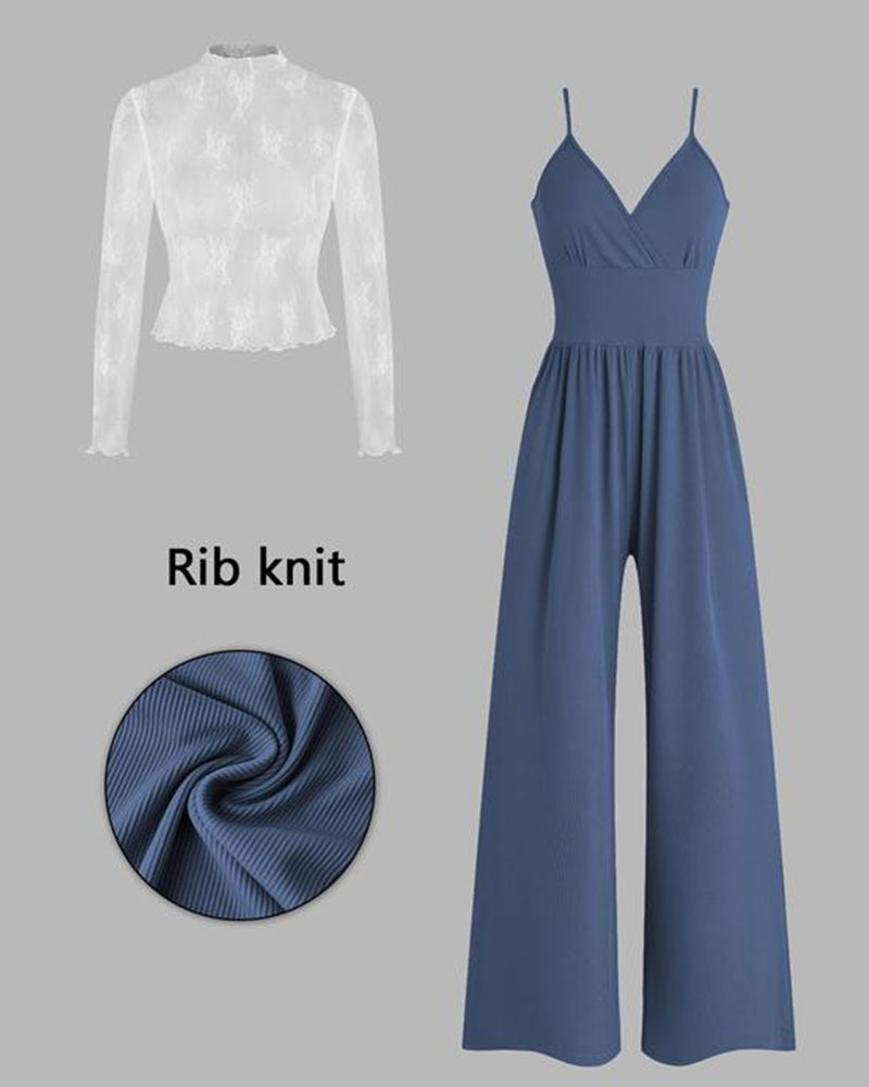 Vibecurve® Women's Solid Color Lace Tee & Pocket Jumpsuit Two-piece Set