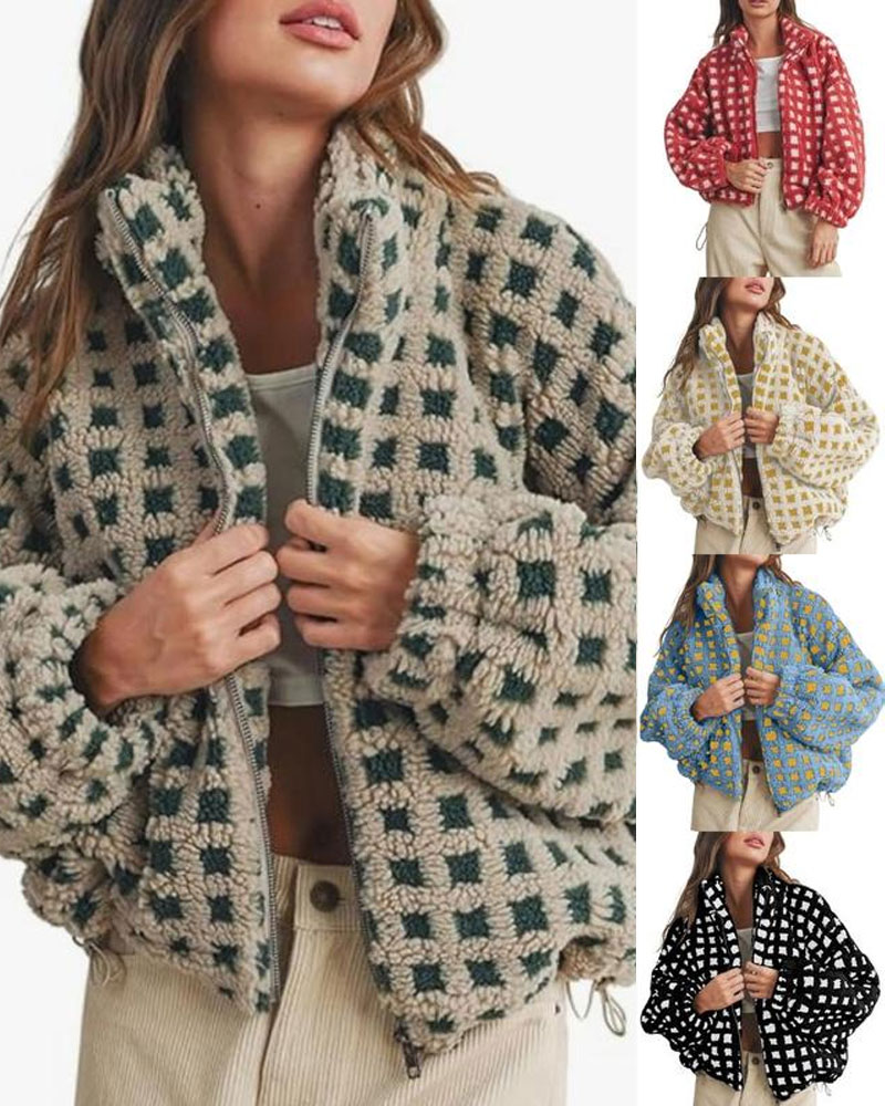 Vibecurve® Winter Fleece Jacket Plaid Fleece Warm Coat Long-sleeve Zippered Sherpa Jacket with Pockets