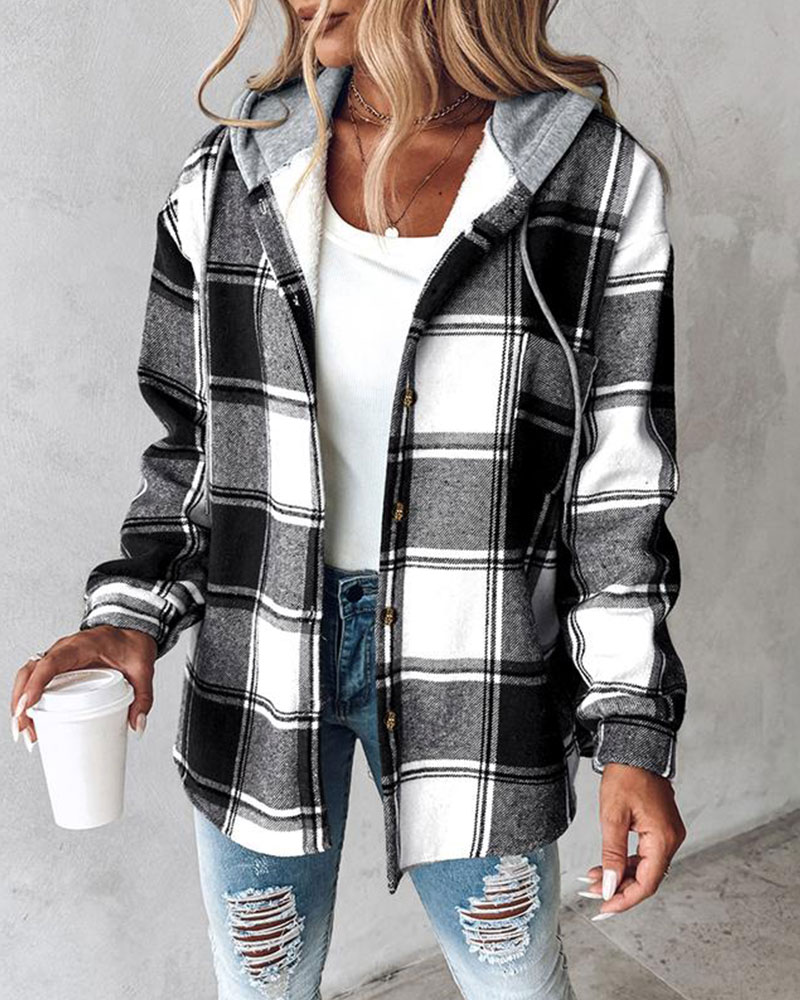 Vibecurve® Plaid Pattern Long Sleeve Shacket Button Down Fleece Lined Hooded Jackets Warm Coat