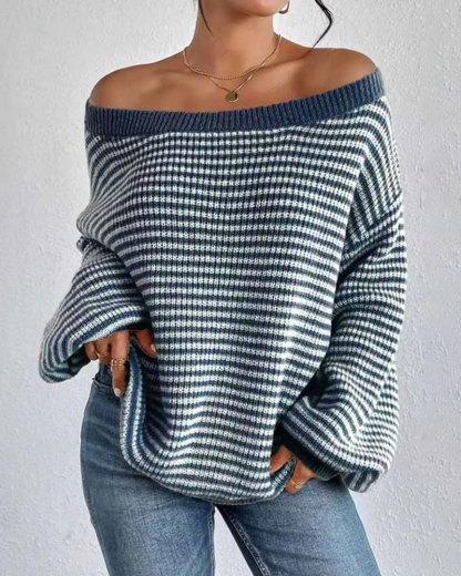 Vibecurve® Women's Striped Drop Shoulder Sweater, Casual Bishop Sleeve Boat Neck Jumper
