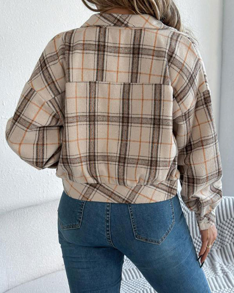 Vibecurve® Women's Chic Plaid Print Button Front Drop Shoulder Jacket