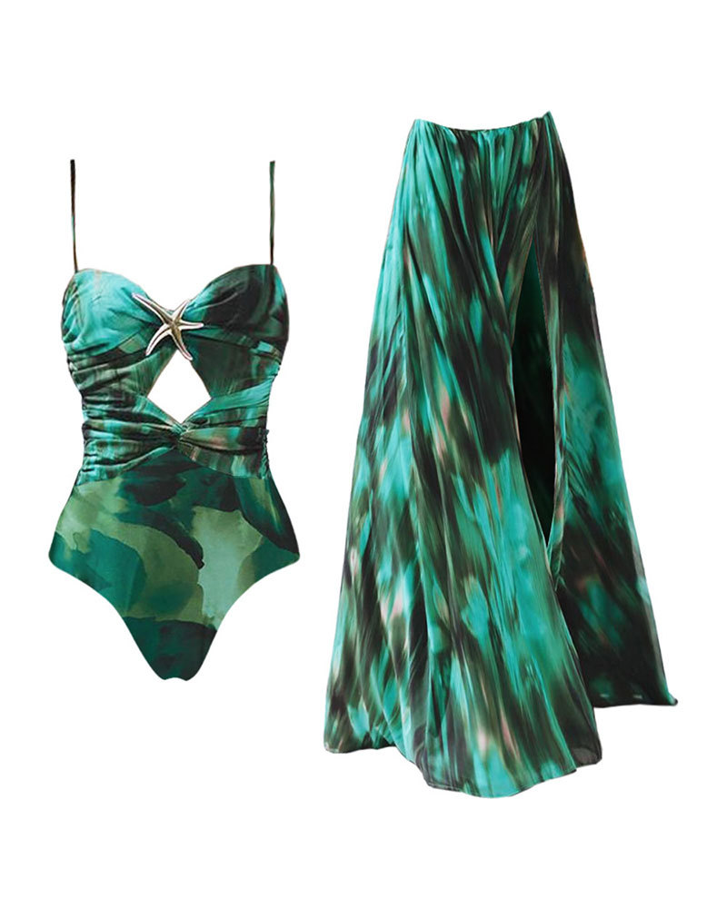 Vibecurve® Starfish Decoration Print Hollow-out Flared Skirt Swimsuit Set