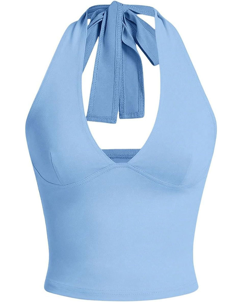 Vibecurve® Women's Halter Tops V Neck Tie Backless Summer Crop Tank To