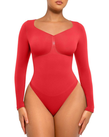 Vibecurve® Womenswear Seamless Sculpt Long Sleeve Thong Bodysuit for Tummy Control