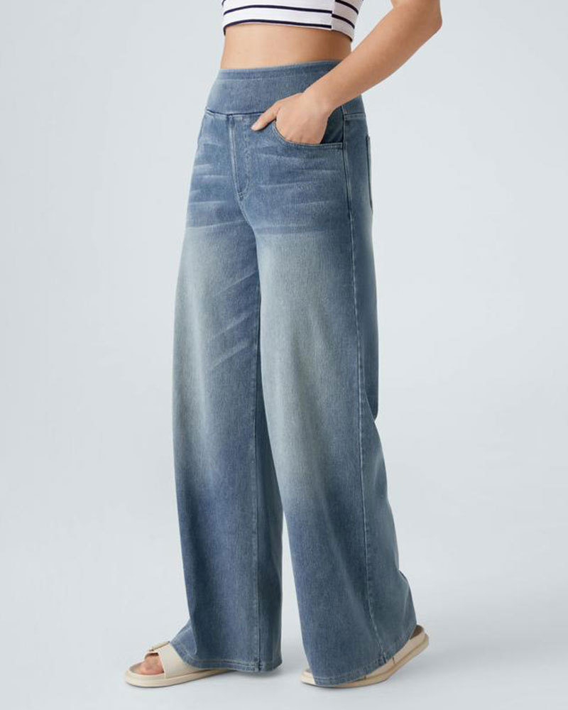 🔥Vibecurve® High Waisted Multiple Pockets Baggy Wide Leg Washed Stretchy Knit Casual Jeans