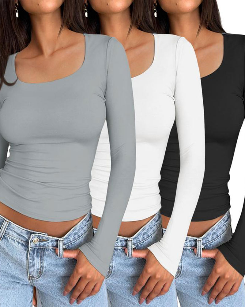 Vibecurve® Women's 3 Pack Long Sleeve Crop Tops Slim Fit