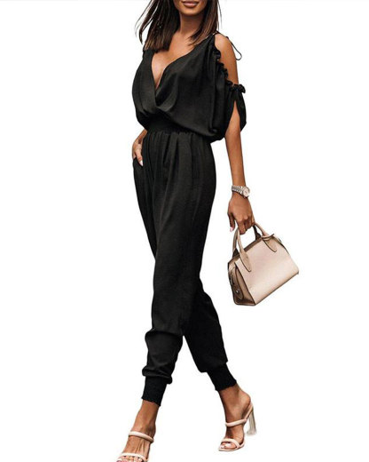 Vibecurve® One Piece Jumpsuit with Cold Shoulder & Side Pockets