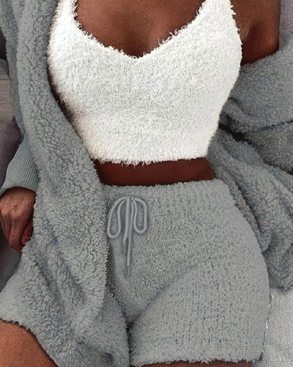 Vibecurve® Solid Color Plush Three-piece Pyjama Set, Fluffy Pajamas