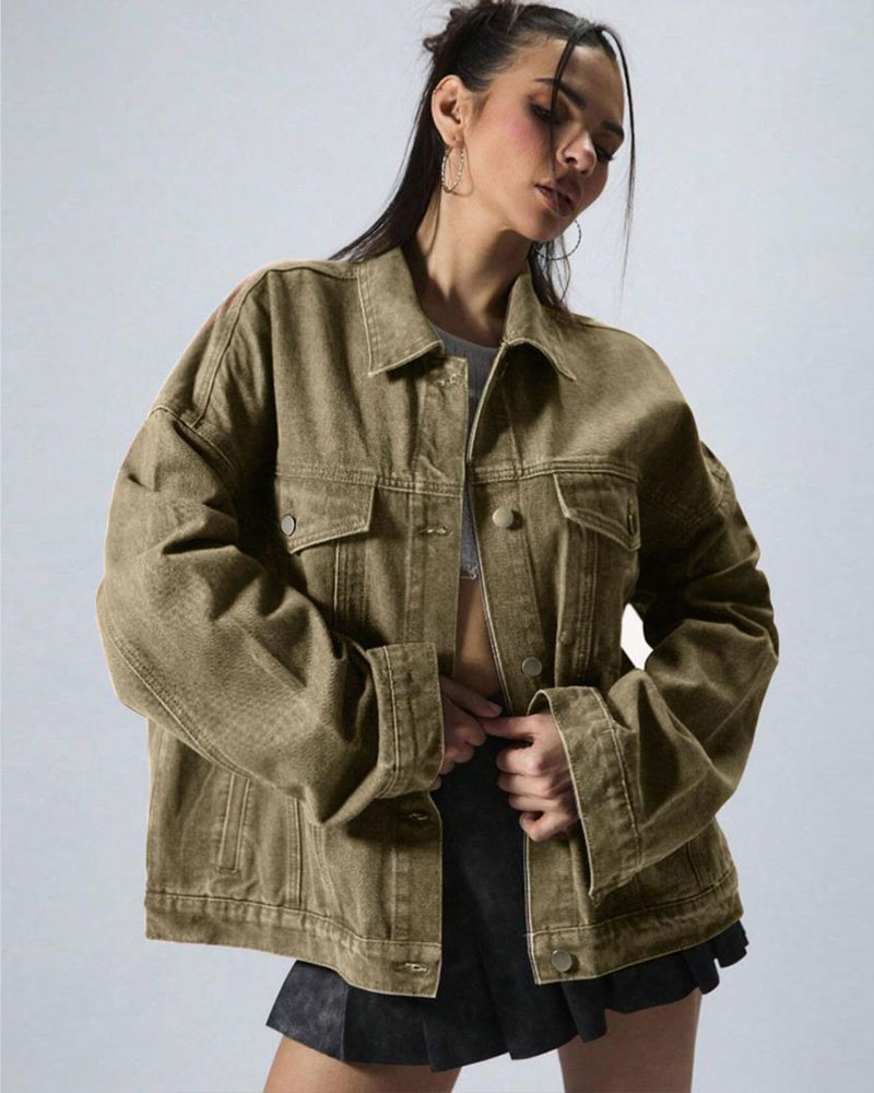 Vibecurve® Plain Button Front Drop Shoulder Denim Coat