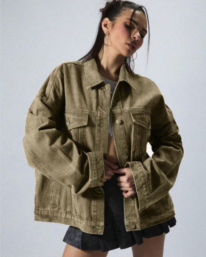 Vibecurve® Plain Button Front Drop Shoulder Denim Coat
