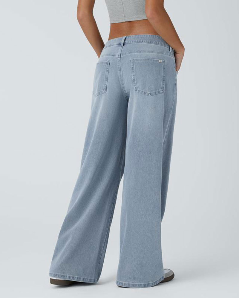 Vibecurve® Asymmetric Low Rise Zipper Pockets Baggy Wide Leg Washed Casual Jeans