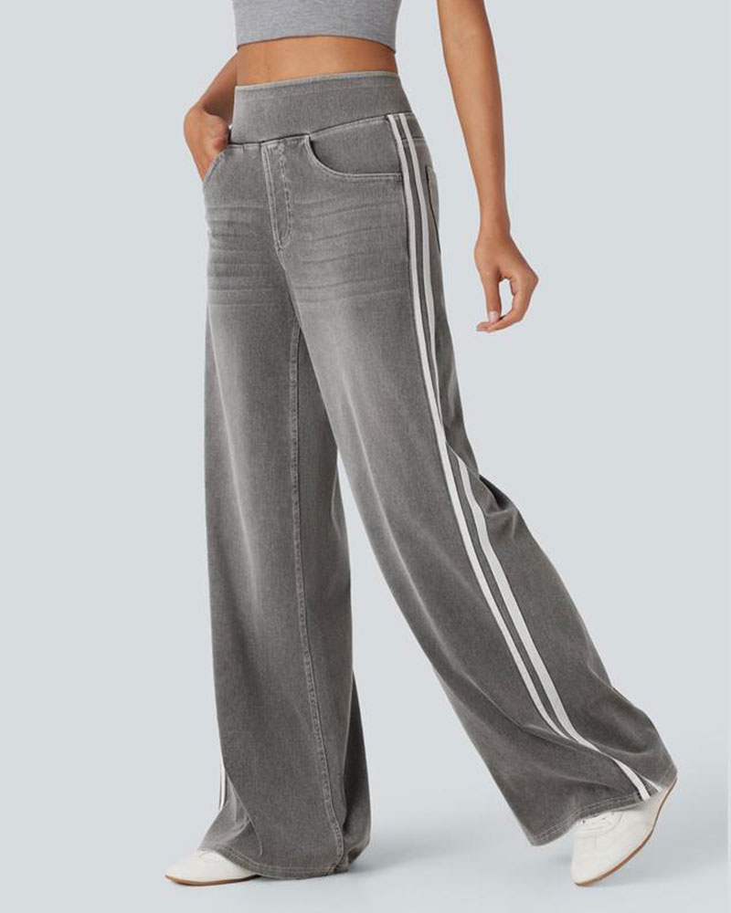 Vibecurve® High Waisted Stripe Wide Leg Flowy Washed Casual Jeans with Pockets