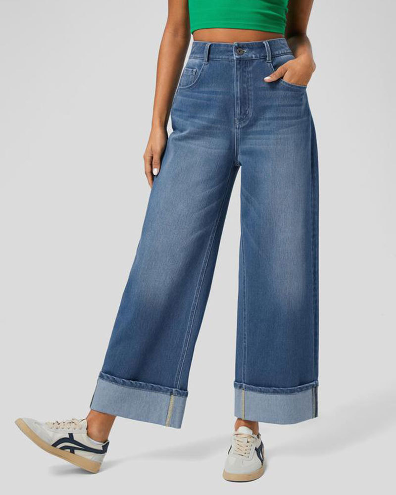 Vibecurve® High Waisted Pockets Rolled Hem Wide Leg Washed Casual Jeans